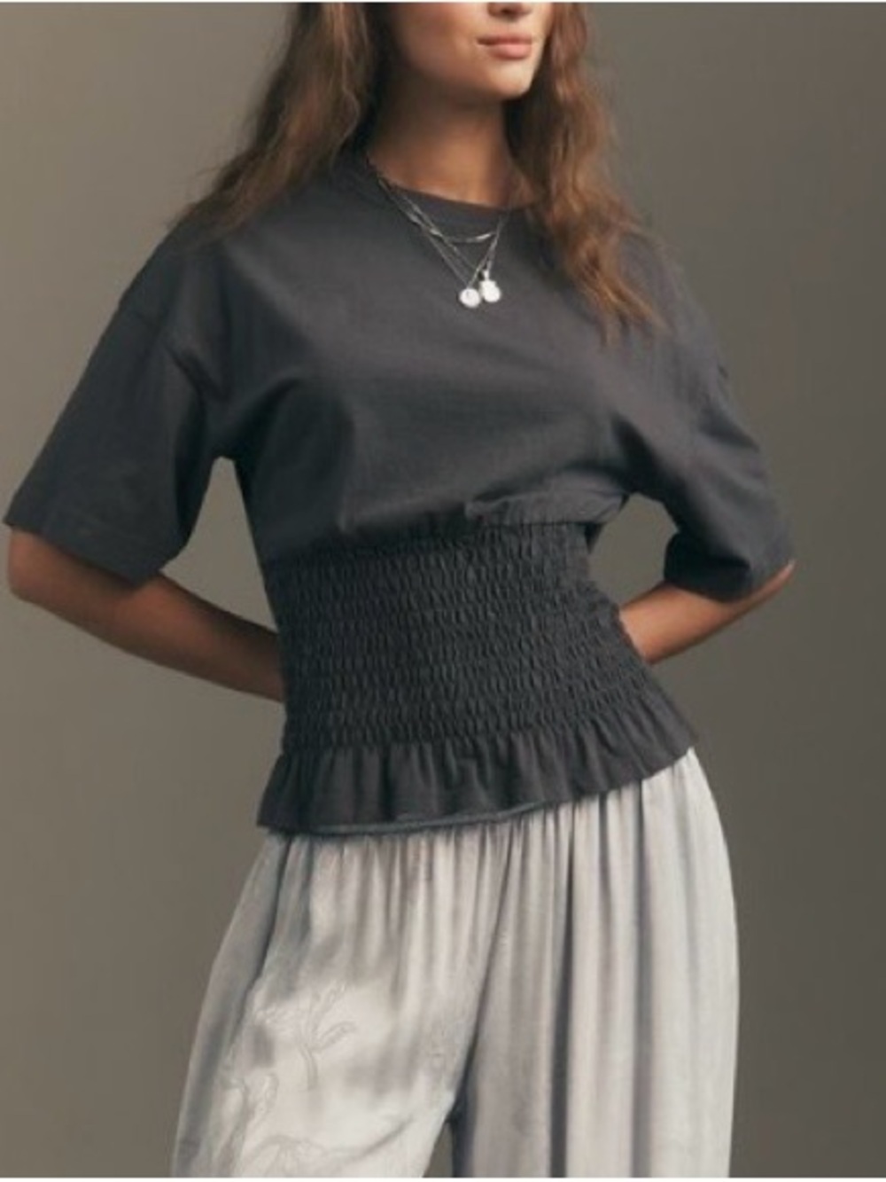 Anthropologie Charcoal Smocked-Waist Short Sleeve Top